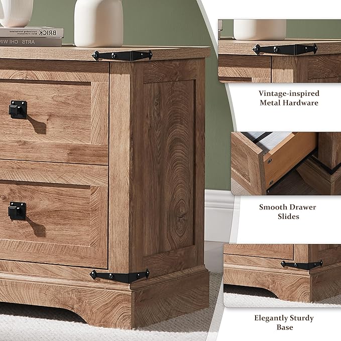T4TREAM 24" Farmhouse Nightstand with Charging Station, Large End Table with 2 Storage Drawers, Rustic Wood Sofa Bedside Table for Bedroom, Light Knotty Oak