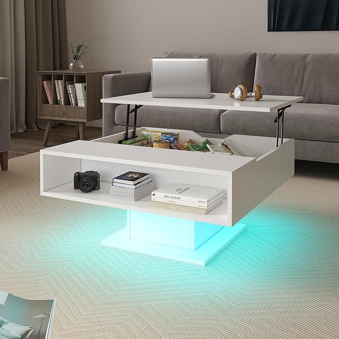 Square Lift Top Coffee Table with Storage, White Led Coffee Table for Living Room with Large Hidden Storage, 30.7" Wood Table Led Center Table for Dining Reception Room