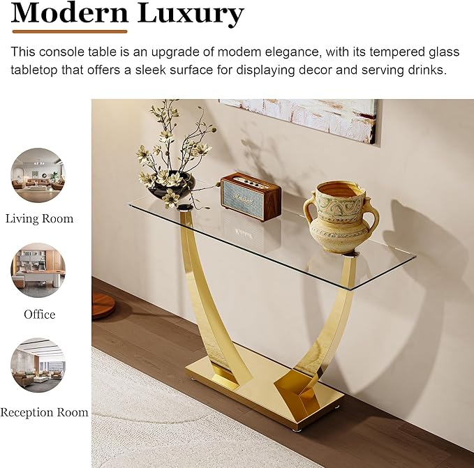 47" Glass Console Table, Modern Rectangular Sofa Table with Tempered Glass Top and Gold Horn-Shaped Stainless Steel Base for Living Room, Entryway, Hallway