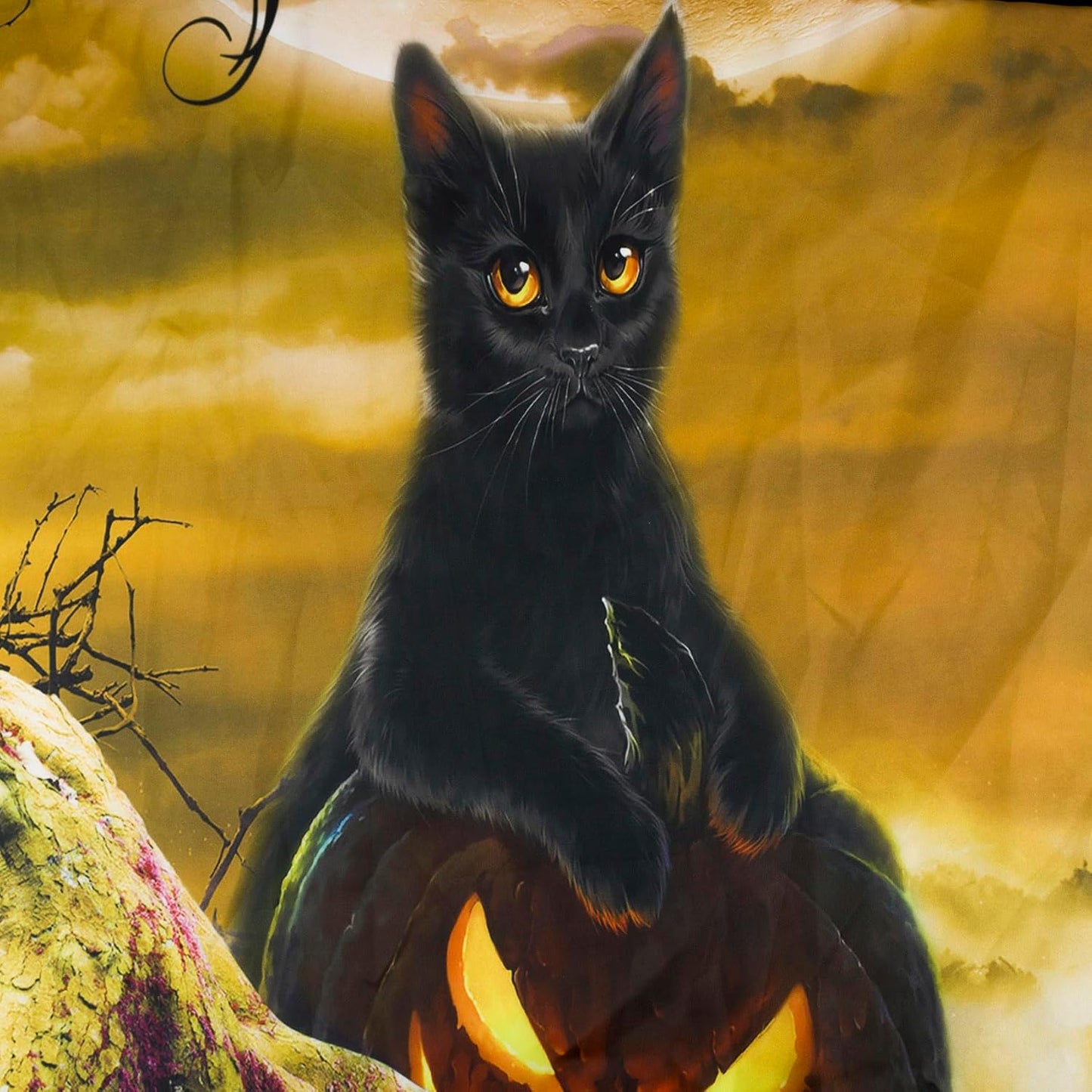 LB Halloween Wall Tapestry with Horror Witch, Cat, Dead Tree, Pumpkin Lights, Spooky Graveyard, Orange Full Moon over Misty Forest - 92.5x70.9 Inches for Bedroom, Living Room, Dorm