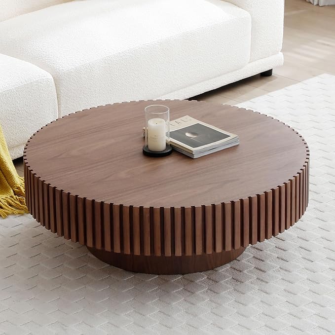 31.49" Round Wood Coffee Table for Living Room Circle Pedestal Coffee Table Mid Century Modern Fluted Accent Table for Apartment Easy Assembly (Walnut,Round+Ø31.49"x13.97")