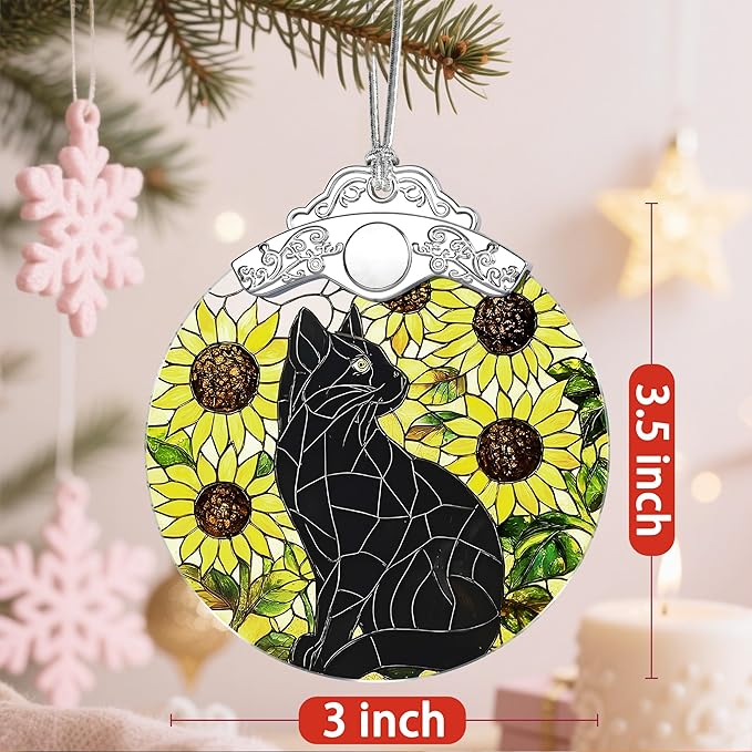Stained Glass Ornament, Christmas Ornament, Hanging Ornaments for Home Decor & Christmas Tree Ornaments – Exquisite Holiday Decor, Cat Lovers Gifts, Xmas Gifts & Holiday Present - Black Cat
