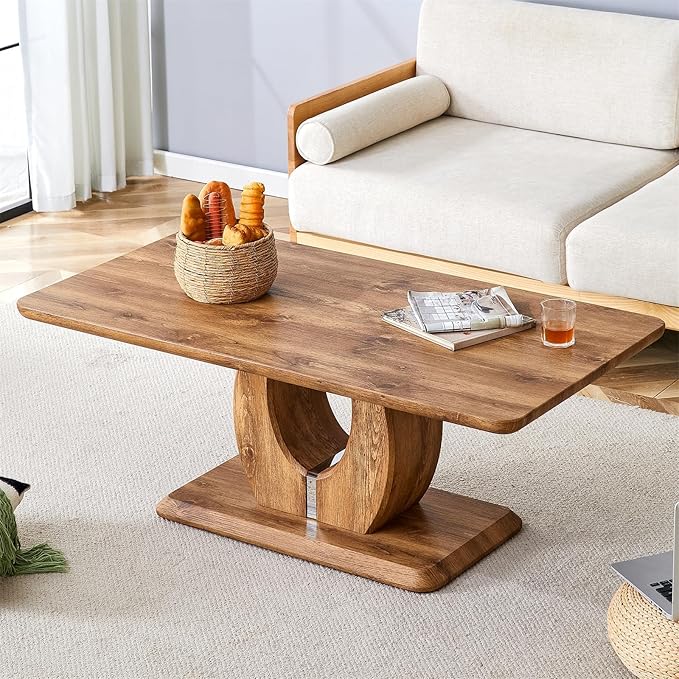 LKTART Rectangle Coffee Table for Living Room, Imitation Marble Coffee Tables with Storage, Modern Stable Base Center Tea Table for Dining Room Small Space Apartment (47''L×25.6''W-Brown)