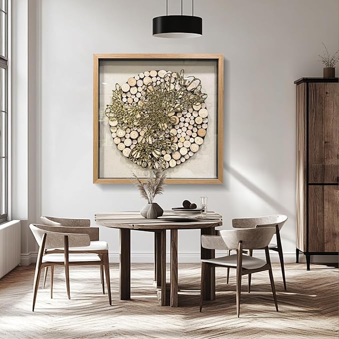 BrightA 3D Textured Wood Block Wall Art - Hand-Assembled Timber Base with Golden Vine Metal Accents, Tempered Glass & Solid Wood Frame Contemporary Decorfor Living Room Office 31.5"x31.5"
