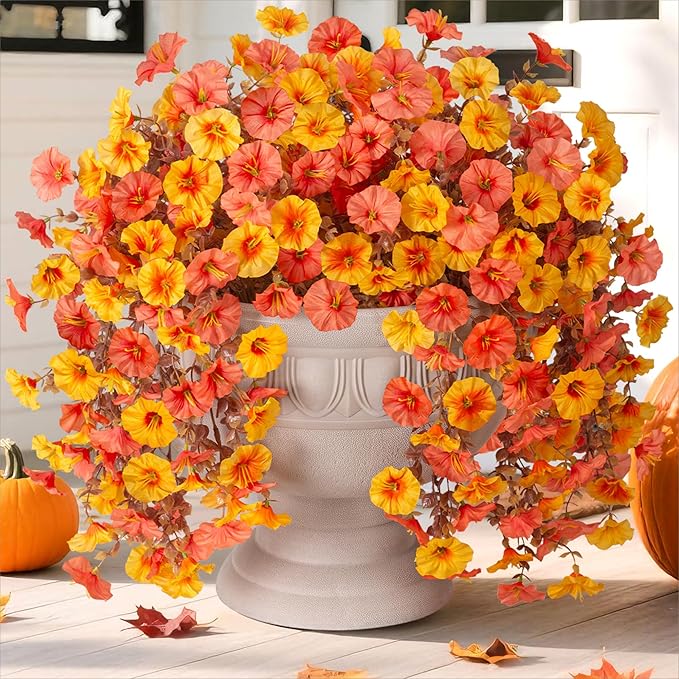 Ivydale 2 PCS Artificial Fall Hanging Flowers Fake Petunias Outdoor, Silk Faux Morning Glory Flowers with Eucalyptus,UV Resistant Realistic Mums Plants for Home Garden Decor (Fall Orange+Yellow)