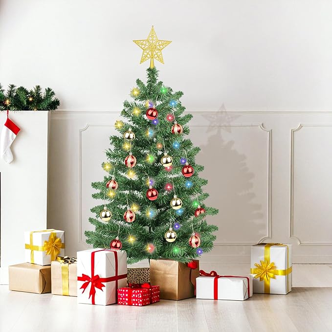 3 Ft Premium Green Christmas Tree 12 Modes Dual Color Change Timer DIY 50 Warm White & Multicolor Lights Star 15 Ball Ornaments Battery Operated Small Artificial Full Xmas Tree Table Home Indoor