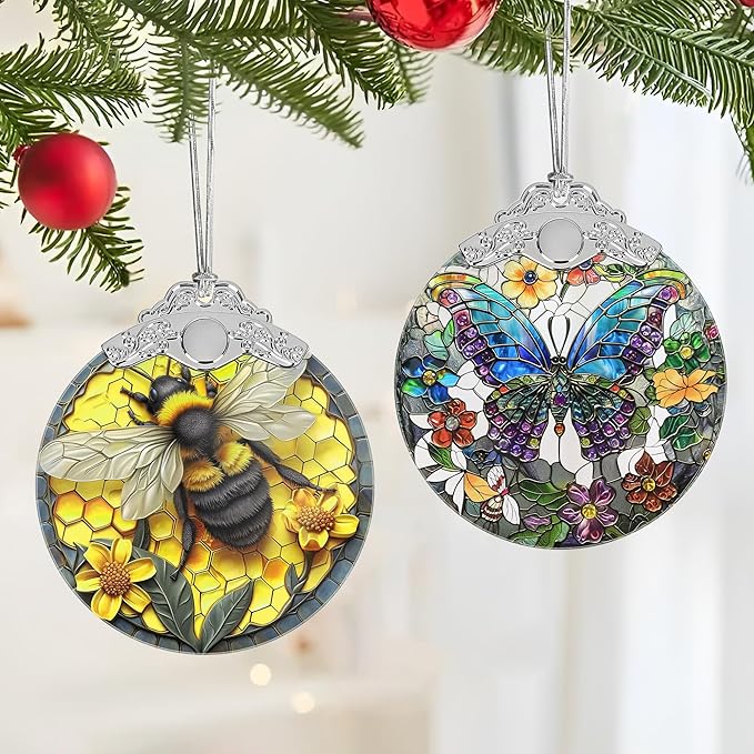 Christmas Decorations Ornaments, Stained Glass Ornament, Christmas Tree Ornaments, 2025 Gift Ornament, Xmas Gift for Friend Family Coworker - Bee and Honeycomb