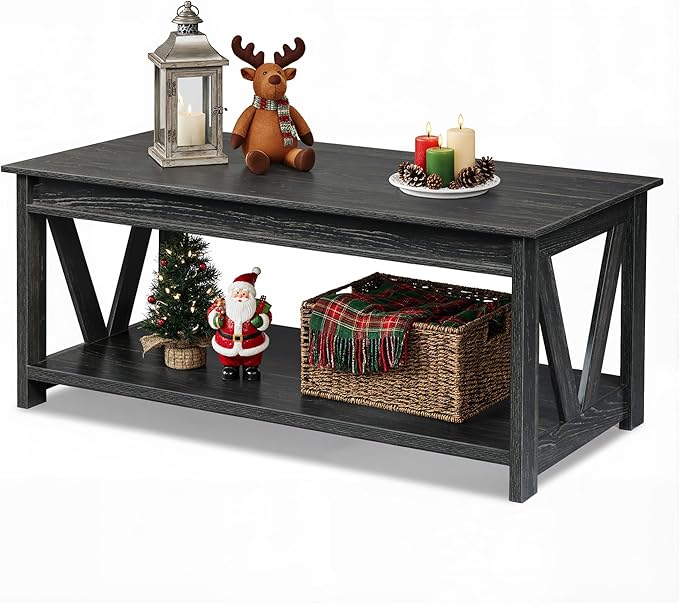 WLIVE Coffee Table, 43" Farmhouse Coffee Table with Storage Shelf & Sturdy V-Shaped Support, Wood Center Table for Living Room, Bedroom, Office and Balcony, Black