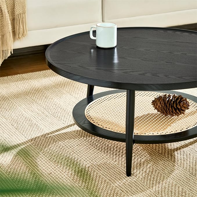 Saint Mossi Modern Coffee Table for Living Room, Mid-Century Round Wood Coffee Table, 2-Tier Boho Center Table for Small Space, Black Wood and Rattan Top,