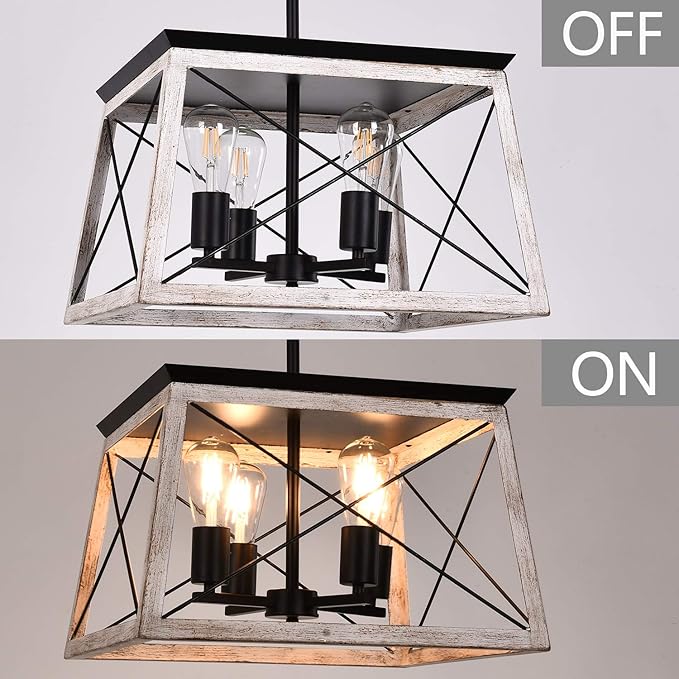 Luupyia Farmhouse Pendant Light Fixture, 4-Lights, Adjustable, Rectangular Rustic Chandeliers Farmhouse Light Fixture Vintage Island Lighting for Dining Room, Entryway and Living Room Beige