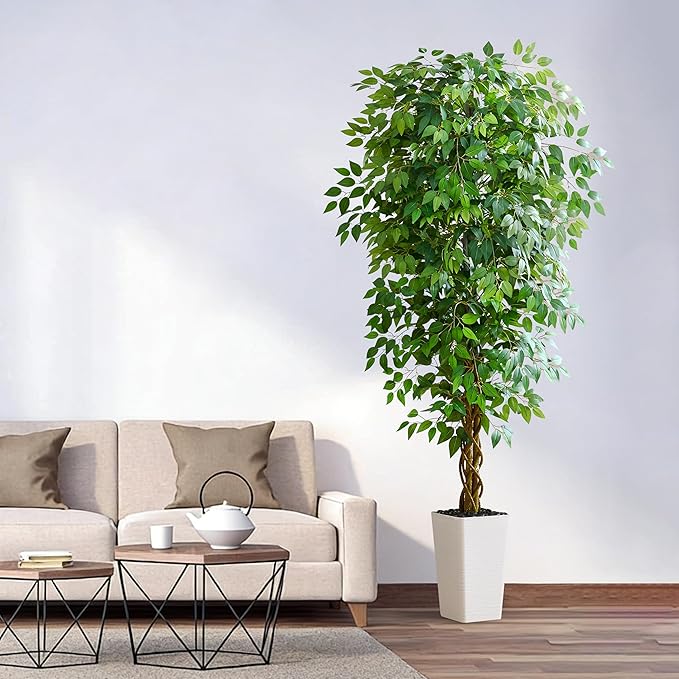 Artificial Ficus Tree 7FT Faux Floor Tree with Planter UV Resistant Potted Fake Silk Plant, Real Wood Trunk-Indoor Outdoor Lifelike Fake Ficus Tree for Home, Living Room Bedroom Topiary Tree