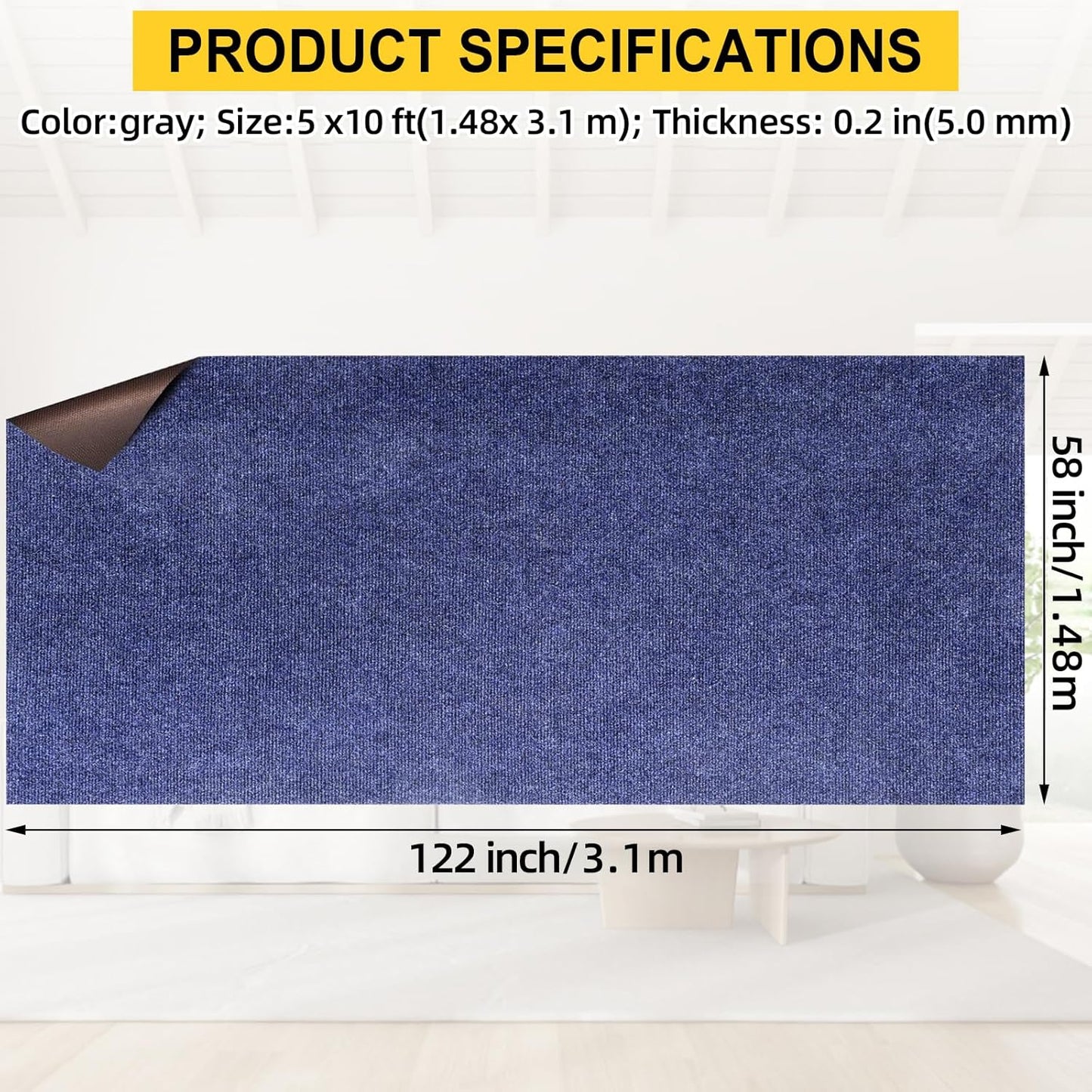 Marine Carpet,5 FT x 20 FT Deep Blue Indoor Outdoor Rug 0.2" Thick Boat Carpeting with Water-Proof TPE Backing, Non-Slip Outdoor Marine Carpet Roll for Home, Patio, Porch, Deck