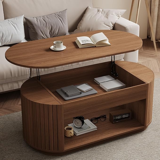 47 Inch Lift Top Coffee Table with Storage for Living Room, 2-Tier Rustic Lift Up Tabletop Mid Century Center Tables with Hidden Compartment for Apartment, Dark Walnut Brown