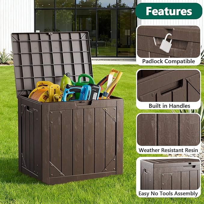 Outdoor Storage Box, 30 Gallon Deck Box Outdoor Storage Bench Outside Waterproof Resin Storage Bench, Lockable Patio Cushions, Garden Tools Storage For Furniture, UV Resistant (Brown)