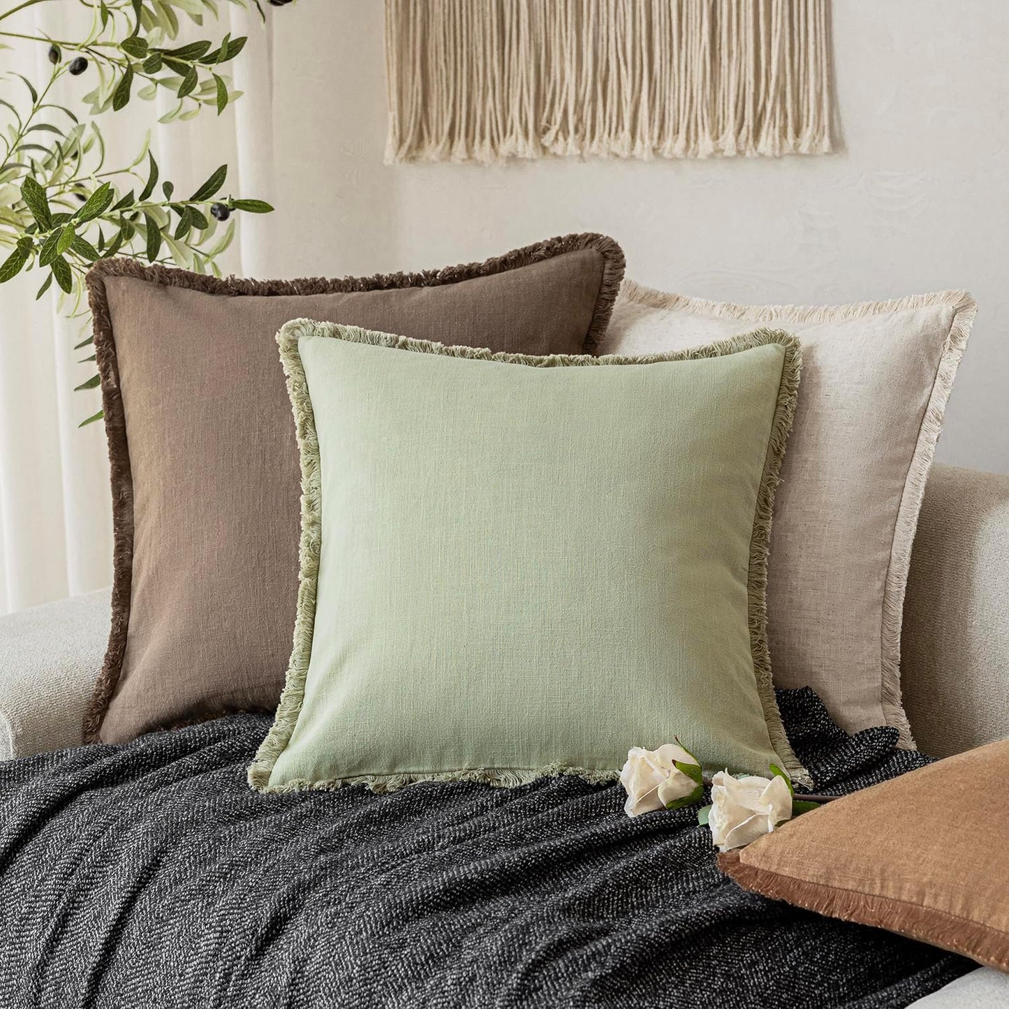 Foindtower Set of 2 Decorative Linen Fringe Throw Pillow Covers Boho Farmhouse Cushion Cover with Tassels Soft Accent Pillowcase for Couch Sofa Bed Living Room Home Decor,16×16 Inch,Light Sage Green
