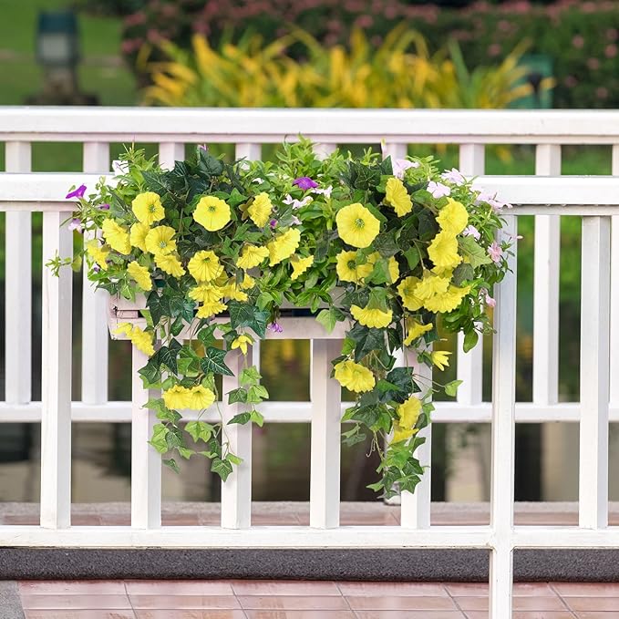 RECUTMS Artificial Fake Hanging Flowers Plants for Outdoor Decoration, 2 Pcs UV Resistant Faux Petunias Trailing Plants Realistic Flower Look Real for Door Wall Yard Porch Garden Planter (Yellow)