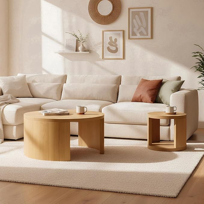 Round Coffee Table Set of 2, Nesting Coffee Tables with Storage,Living Room Table Set,Modern Wood Center Table for Living Room,Apartment,31.5" & 18" Coffee Table Set,Brown