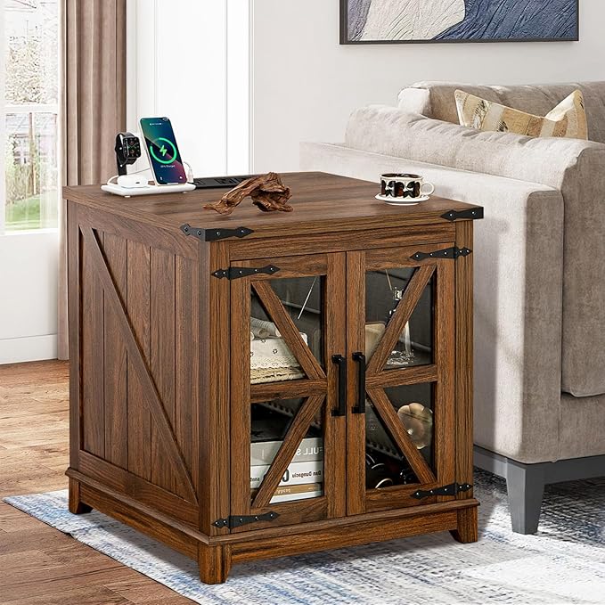 Farmhouse End Table,24" Large Sofa Side Table with Charging Station Glass Barn Door,Wood Nightstand with Adjustable Storage Shelf,Square Bedside Table for Living Room,Bedroom,Office-Brown