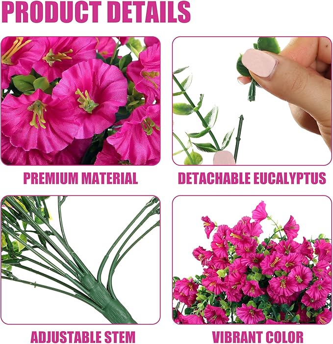 Sggvecsy Artificial Fake Hanging Flowers Plants for Outdoor Outside Spring Summer Decoration 2PCS Faux Silk UV Resistant Realistic Morning Glory with Eucalyptus for Home Porch Patio Balcony(Magenta)