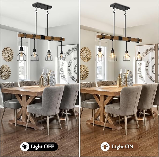 4-Light Kitchen Island Lighting, 63" Adjustable Height Pendant Light Fixtures Black Metal & Rustic Wood Modern Dining Room Chandelier Over Table with E26 Base for Farmhouse Bar