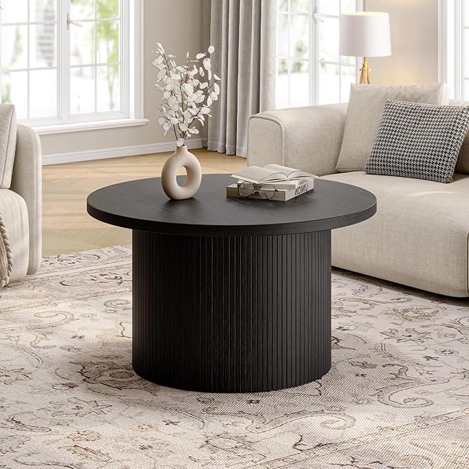 ONBRILL 31.5" Round Coffee Table, Tambour Design Coffee Tables for Living Room, Mid Century Modern Wood Coffee Table, Drum Accent Small Center Table, Black