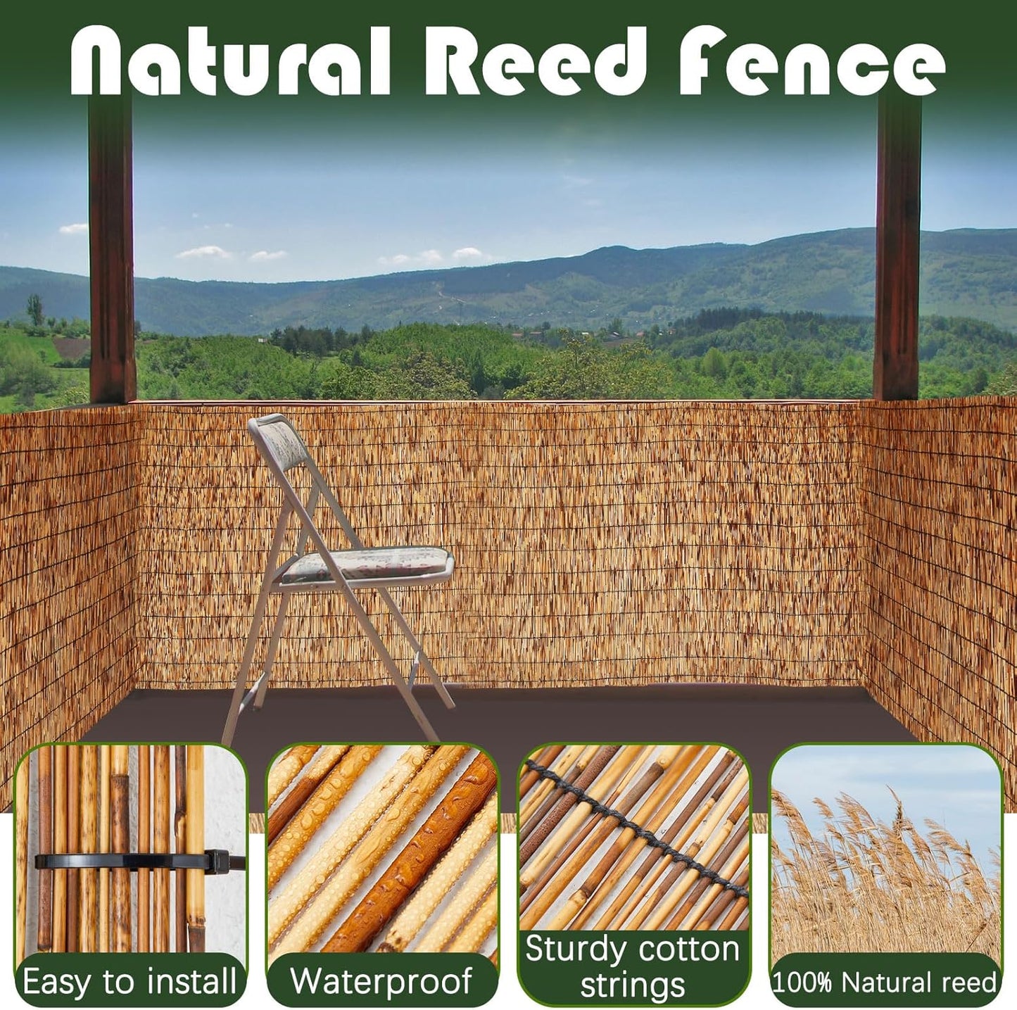 Barydat 4 Pcs 3 x 16.4 ft Bamboo Privacy Screen, Reed Fence Roller Patio Decorative Fences Reed Screen Curtain for Garden Backyard Patio Balconies