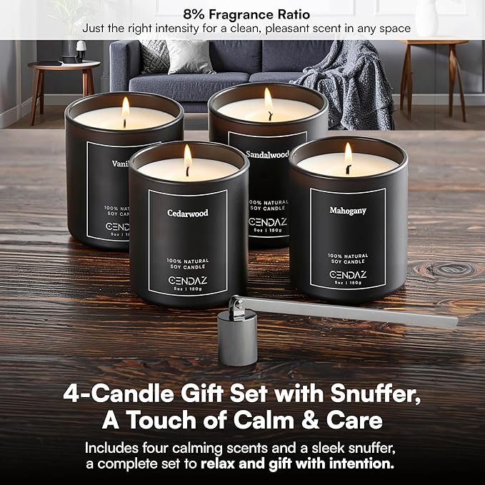 Mens Candle Set 4 Pack with Snuffer Included Soy Scented Candles for Men Vanilla Cedarwood Mahogany Sandalwood 120h Total Burn Luxury Gift for Bedroom Black Home Decor Masculine Aroma Jar Candle Kit