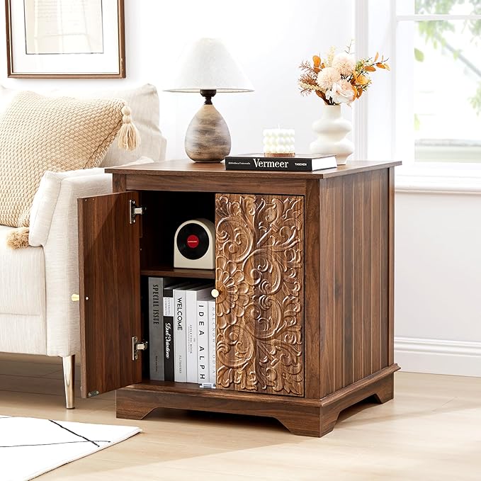 Farmhouse End Table with Carved Floral Door, 24" Wide Nightstand with Adjustable Shelf, Wooden Square Sofa Side Table Storage Table for Living Room Bedroom (Walnut)