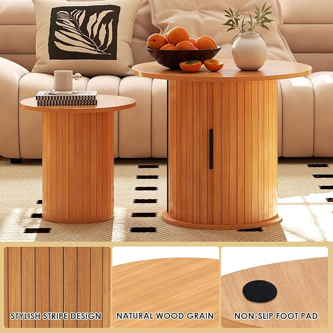 COSVALVE Nesting Coffee Table Set of 2 with Hidden Storage & Sliding Door, Circle Wood Coffee Table, Farmhouse Side & End Table Sets for Living Room, Small Spaces, Natural