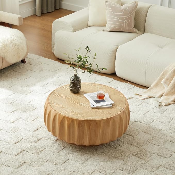 LKTART 31.5" Round Coffee Table Drum Table Contemporary Wood Fluted Centry Table with Solid Wood Veneer for Living Room (Natural)