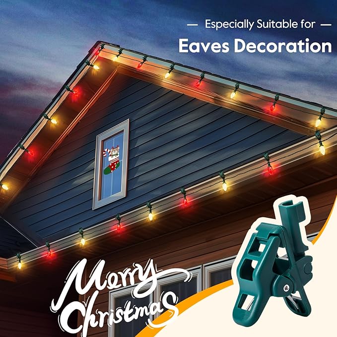 2PACK C9 LED Christmas Lights with 100 Spring Clips, Total 100ft 100 LED Waterproof Strawberry String Lights, Commercial Grade Extendable Perfect for Roofline Patio House Xmas Decor, Red & Warm White