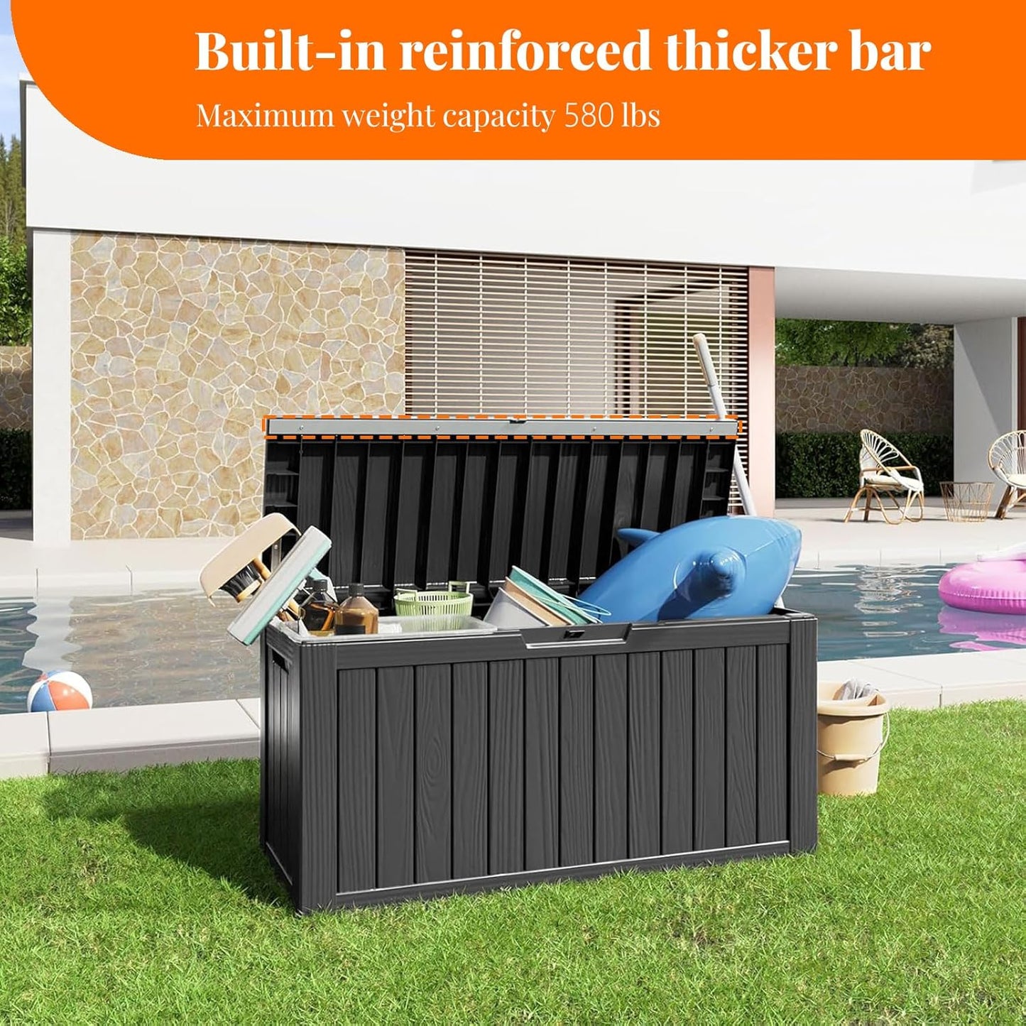 80 Gallon Resin Deck Box, Lockable Patio Outdoor Storage Box for Furniture, Garden Tools and Tools Storage, Waterproof Outside Storage Box - Black