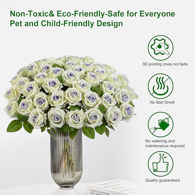 Artificial Flowers Roses Touch Fake Rose Bouquet Flower Stem for Wedding Centerpieces DIY Wreath Home Decorations Silk Roses Mothers Party Fake Outdoor Flowers Decor (Purple Heart 50PCS)