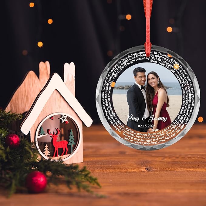 Love Letter Circle Ornament – Custom Photo, Names & Date – Personalized Acrylic/Glass Ornament with Poem or Lyrics – Couple Gift