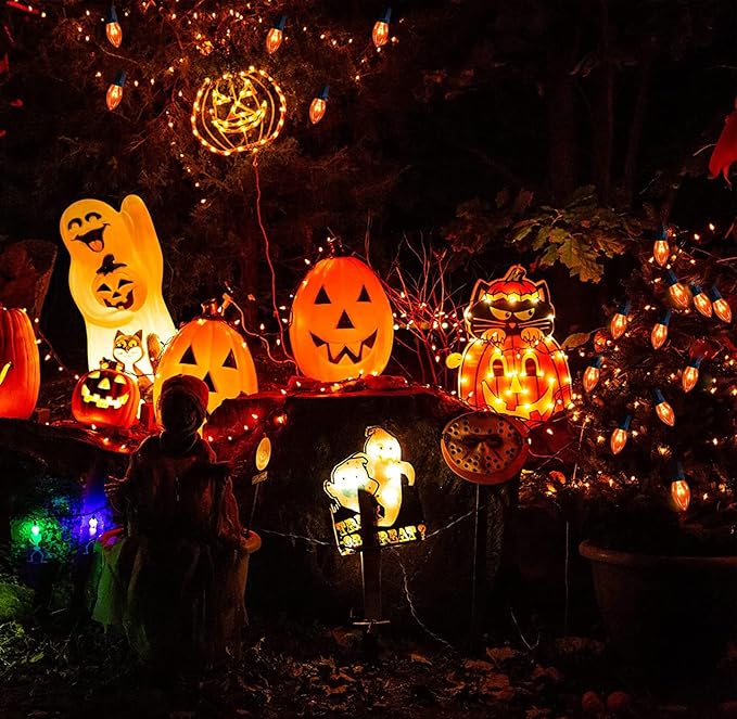 C9 Orange Halloween String Lights, 25Ft Christmas Outdoor String Lights with 26 Clear Orange Bulbs(1 Spare), Hanging Patio Lights for Outdoor Halloween Christmas Roofline Party Decoration- Black Wire