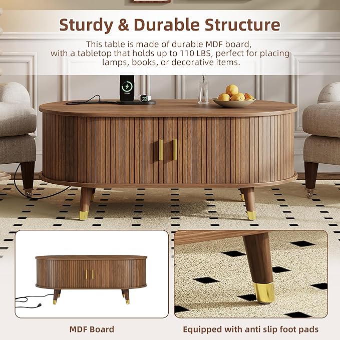 WILLIAMSPACE 42.5" Oval Coffee Table with Storage & Charging Station, Mid-Century Modern Center Table with Sliding Tambour Door, Farmhouse Tea Table with Solid Wood Legs for Living Room, Walnut