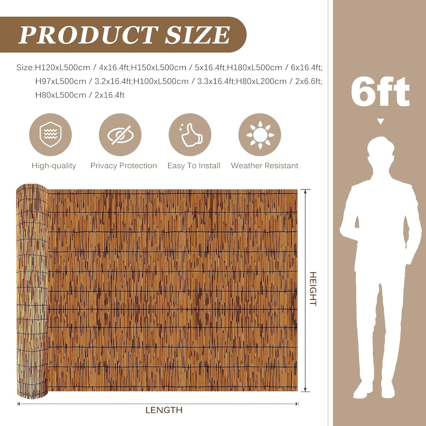 Natural Reed Fencing Rolls: Privacy Bamboo Fence 3/4/5/6ft High Roll Reed Screen, Decorative Bamboo Fencing for Outdoor Balcony Patio Garden Backyard,with Cable Zip Ties (Coffee, 5x10ft)