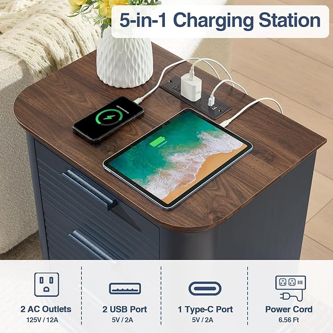 Okvnbjk 22" Wide Fluted Nightstand Set of 2 with Charging Station, Mid Century Modern End Table for Living Room, Bedroom, Home Office, Wood Curved 3 Drawer Dresser, Large Bedside Tables, Navy Blue
