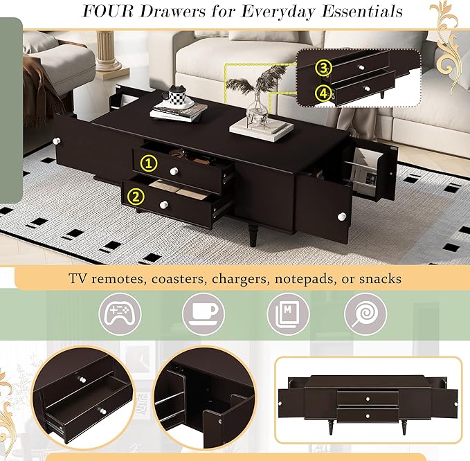 Modern Wooden Coffee Table with Hidden Storage Cabinets and Drawers, 47.2-Inch Rectangular Center Cocktail Table with Solid Wood Legs for Living Room, Brown