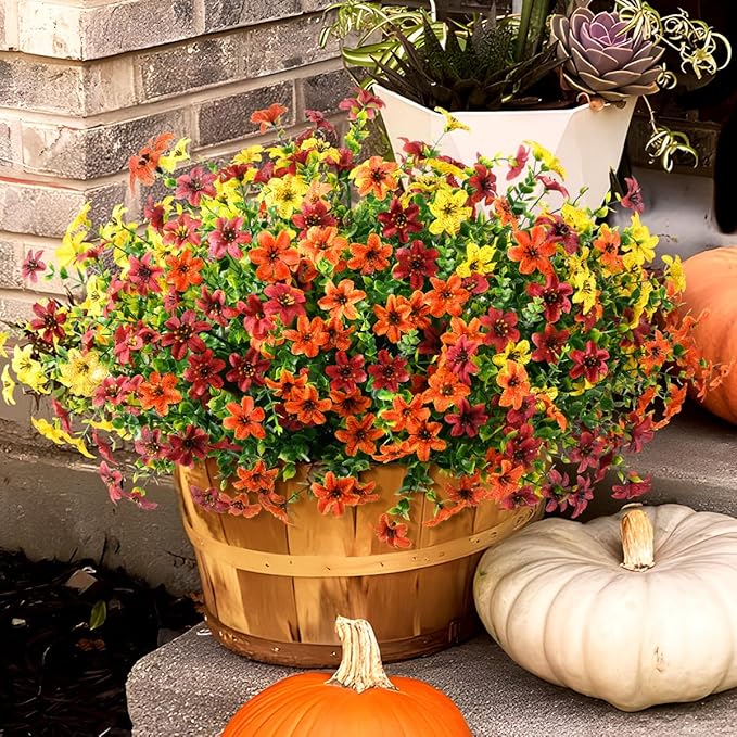 Homsunny Artificial Mums Flowers Outdoors Autumn Decor, Fall Fake Silk Daisy UV Resistant, 12 Bundles Outside Faux Flower Plants for Home Garden Porch Patio Yard Balcony Window (Yellow Brown Orange)