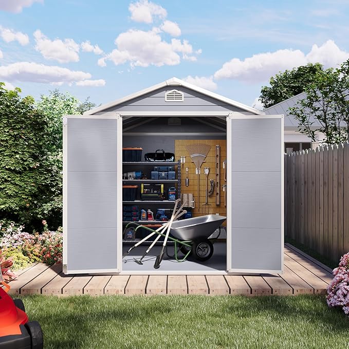 6 X 8FT Storage Shed Plastic Outdoor Storage Shed Waterproof Outdoor Shed with Lockable Door and Transparent Window for Garden, Lawn, Backyard