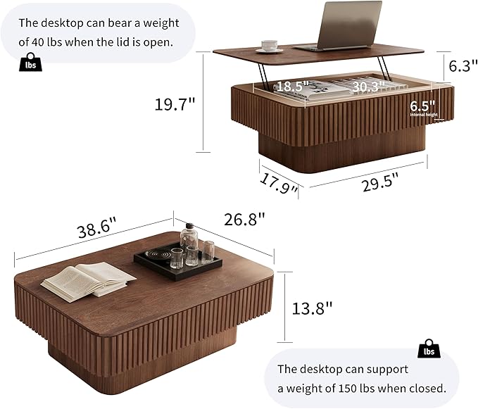38.6" Lift Top Coffee Table, Modern Fluted Tea Table with Hidden Storage for Living Room, Apartment or Office, Walnut