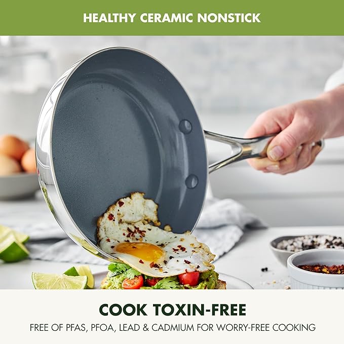 GreenPan Valencia Pro Tri-Ply Stainless Steel 8” and 10” Frying Pan Skillet Set, Ceramic Nonstick PFAS-Free Coating, Multi Clad Cookware, Induction, Dishwasher Oven and Broiler Safe