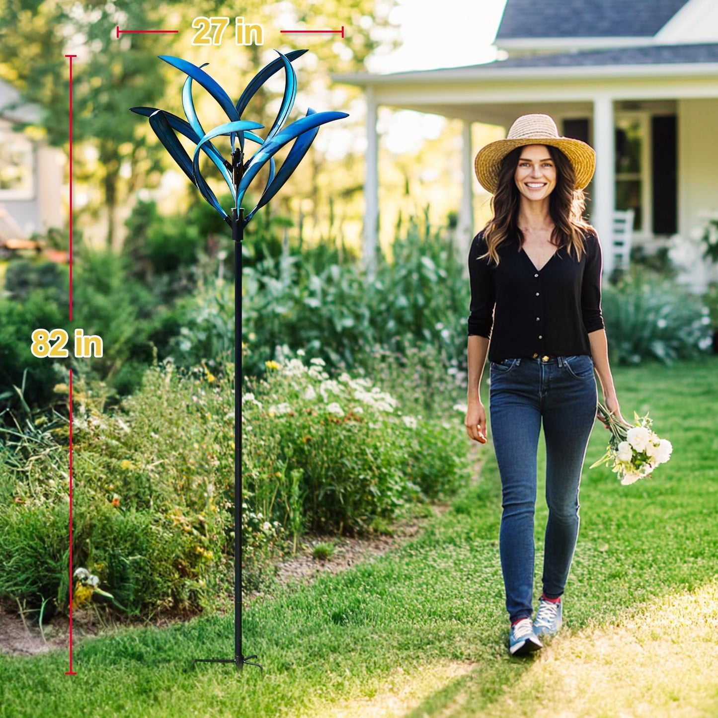 LimeHill Wind Spinner for Yard and Garden - Large Metal Kinetic Wind Sculptures for Outdoor Decorations (Blue Magnolia)