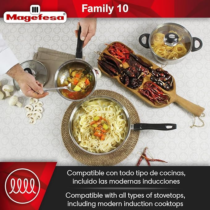 MAGEFESA Family 10-Piece Cookware Set, Crafted from Stainless Steel, Easy to Clean and Dishwasher Safe, Soft-Touch Bakelite Handles for a Comfortable Grip