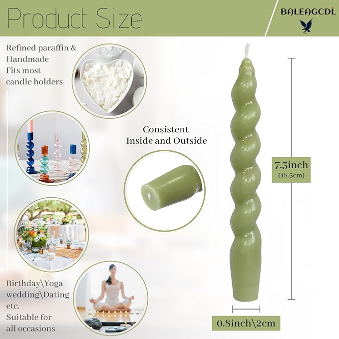 DRIPLESS Unscented Twisted Taper Candles Handmade Candlestick Grass Green Spiral Taper Candles 7.5 Inch Decorative Candle Smokeless for Party Gifts 2 PCS