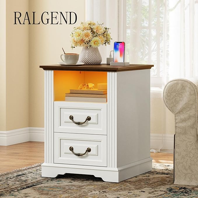 Farmhouse Nightstand with Charging Station, Wooden Night Stand with 2 Drawers, LED Bedside Table, Rustic Sofa Side Table, End Table for Bedroom, Living Room, White and Walnut