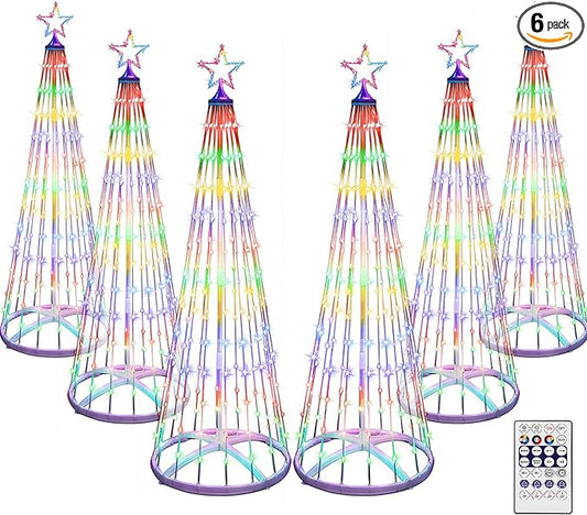 6 Pack 4/5/6FT Christmas LED Cone Tree Lights 24 Modes Color Changing with Timer Foldable Lighted Trees Waterproof Outdoor String Lights Holiday for Christmas New Year Xmas Decorations
