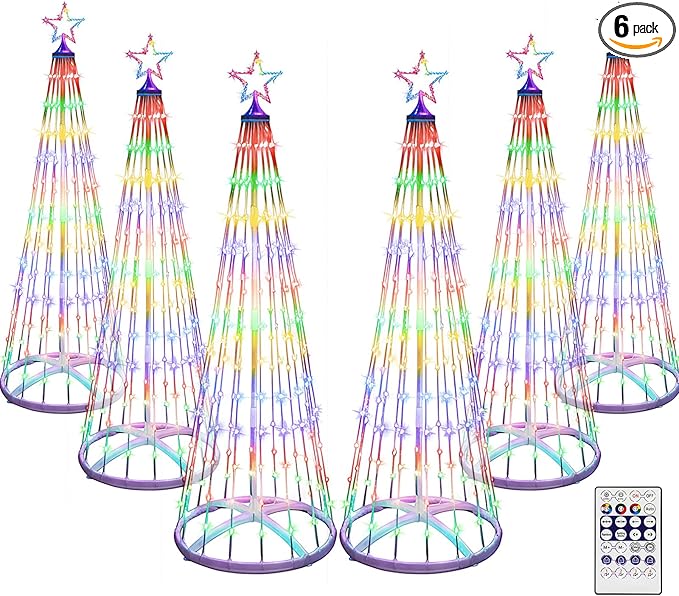 6 Pack 4ft Christmas LED Cone Tree Lights 24 Modes Color Changing with Timer Foldable Lighted Trees Waterproof Outdoor String Lights Holiday Decor for Christmas New Year Xmas Decorations