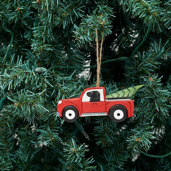 Gallerie II Black Lab in Pickup Truck with Christmas Xmas Tree Wood Carved Ornament Red